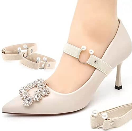 2 Pairs Womens Detachable Elastic Shoe Strap Belt Anti-Slip Shoe Ankle Straps Bands with Artificial Pearl Decoration for Holding Loose High Heels Pumps(Beige)