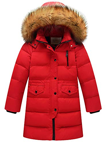 amropi Enfant Fille Parka Veste Manteau Longue Blouson Epaisse Manteau à Capuche Fourrure Chaud Hiver (Rouge, 12-13 Ans)