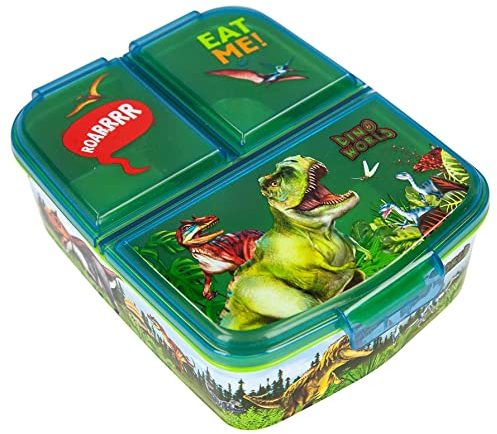 Depesche 11699 - Dino Brotdose mit 3 separaten Fächern und praktischen Klipp-Verschlüssen, Lunch-Box aus Kunststoff, frei von BPA und Weichmachern