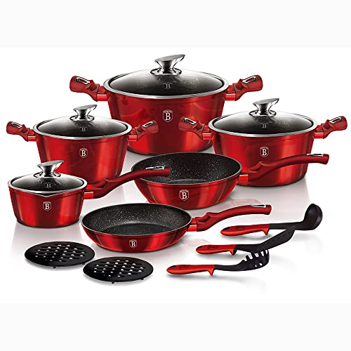 Berlinger Haus Burgundy Batería Cocina Inducción, sin PFOA, Set 3 Cazuelas 4 Tapas Cristal, 1 Cazo, 2 Sartenes, 3 Utensilios de Cocina, 2 Salva Manteles, Rojo