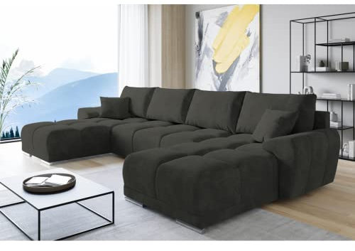 ML Furniture Velvet Ecksofa in U-Form – Hellschwarz Sofa – Couch mit Stauraum und Kissen - Ausziehbares Schlafsofa – Sofa mit Schlaffunktion - Schlafsofa mit Bettkasten – Gästebett – 365 x 189 cm