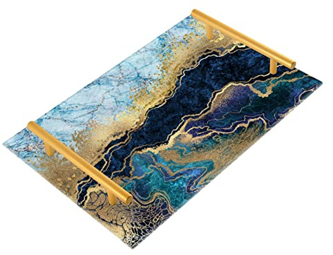 Bandeja decorativa Bandeja de mármol azul con mango para baño, dormitorio, decoración del hogar