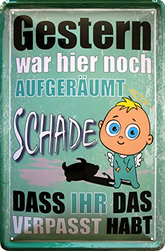 WOGEKA ART Retro Blechschild - GESTERN war hier noch AUFGERÄUMT - Lustiges KINDERZIMMER Schild als Geschenkidee zu Geburtstag Weihnachten zur Deko 20x30 cm Vintage Metallschild 909