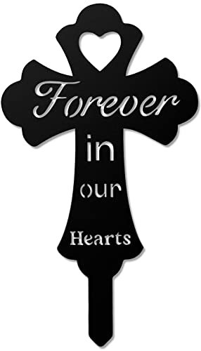Queekay Friedhof Gedenkkreuz Pfahl Metall Kreuz Gartenstecker Gedenk Grabmarker Sympathie Gräber Friedhof Dekoration Gedenktafeln für Gartendeko Grabschmuck (Forever in Our Hearts)