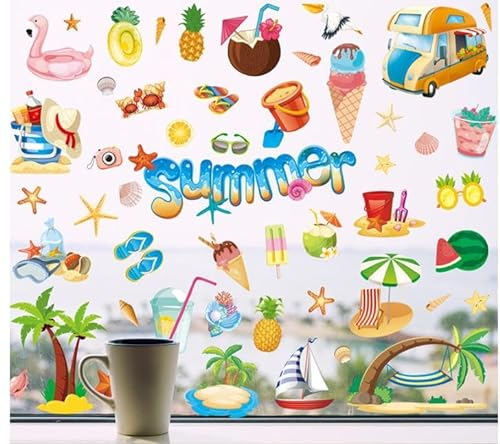 9 Blätter 134 Stücke Sommer-Fensteraufkleber, doppelseitig, Strand, Pool, Party, statische Fensteraufkleber, Hawaii-Fensteraufkleber für Kühlschrank, Glas, Sommer
