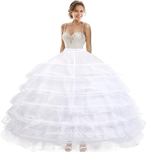 PrettyQueen Women 6 Hoop 6 Layered Petticoat White A-line Floor-Length Crinoline Underskirt for Bridal Wedding Dress Ball Gown