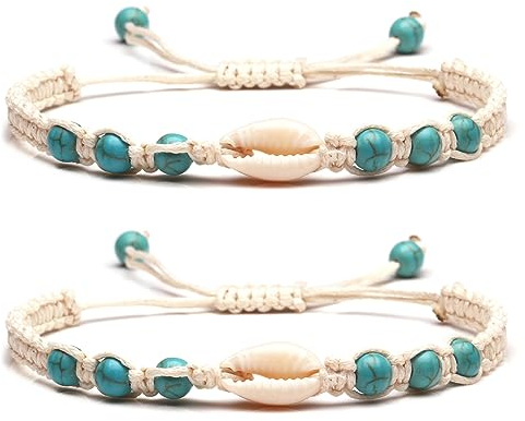Liitata 2 Stück Muschel Armband Boho Türkis Armband Naturstein Armband Handgefertigt Gewebt Armband Verstellbare Sommer Hawaii Strand Schmuck für Mädchen Frauen