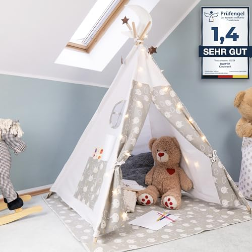 Dwiper Tipi Zelt für Kinder I extra Robustes Kinderzelt für drinnen Spielzelt Kinderzimmer Höhle, Spielzeug Indoor Tent für Jungen & Mädchen, Tippi Tipizelt Kinderspielzeug Kindertipi