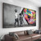 Zhaoyang Art Graffiti-Kind aufgedeckte Gerechtigkeit, Leinwandgemälde, Banksy-Wandkunst, großformatiger Druck, Junge hinter dem Vorhang, Bild, Dekoration, 75 x 160 cm/30 x 63 Zoll, ungerahmt