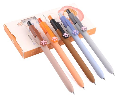 Kugelschreiber Katze, Gelschreiber, Schnell Trocknende Tinte, Einziehbar Kawaii Stifte, Schwarze Kugelschreiber Aesthetic, 0,5 mm Feine Spitze Cute Pens, Aesthetic Stifte - 5 Stück