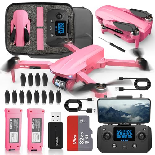 HHD Drohne mit 4K-GPS-Kamera, 5G WiFi FPV, 40 Minuten Flugzeit mit 2 Akkus, SD-Kartensteckplatz, weniger als 249 g, Drohne mit bürstenlosem Motor, mehrere Flugmodi (Pink)
