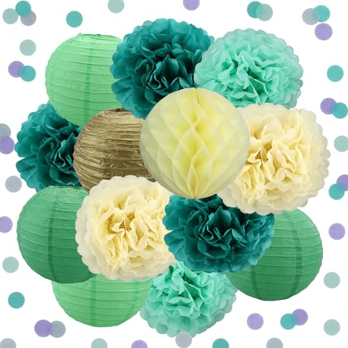 Pompons zum Aufhängen aus Seidenpapier, Goldfolie, Punkte, Papierlaterne, Konfetti ,wabenbälle,happy birthday deko,wedding decoration,deko geburtstag,baby shower,grünes neutrales Dekor