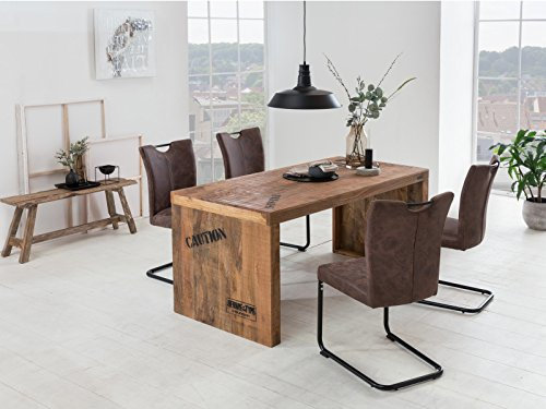 Woodkings Essgruppe Kenton, Esstisch 160x70 mit 4 Schwingstühlen, Holztisch Mango rustikal Esszimmerstuhl Stoff braun, Metall schwarz, Esszimmer Möbel
