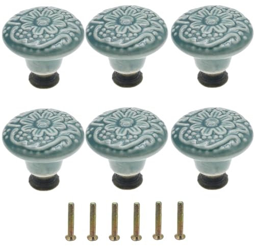 Mimhooy 6 Pcs Vintage Cabinet Pulls - Retro Drawer Knobs, Decorative Flower Knobs for Cupboards & Drawers - Green, Furniture Pull Handles