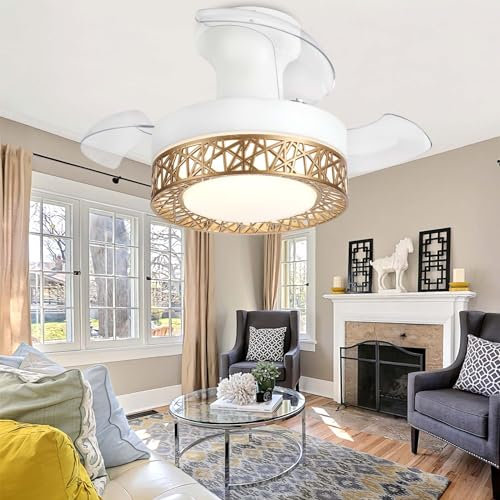 52cm Ventilatore a Soffitto con Luce, Plafoniera con Ventilatore con Telecomando, Dimmerabile 6 Velocità, Lampadario con Ventilatore Da Soffitto con Pale a Scomparsa, Motore Dc Reversibile