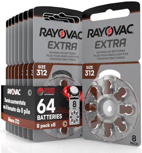 64 Batterie per Apparecchi Acustici Rayovac Extra Misura 312-8 Blister da 8 Pile