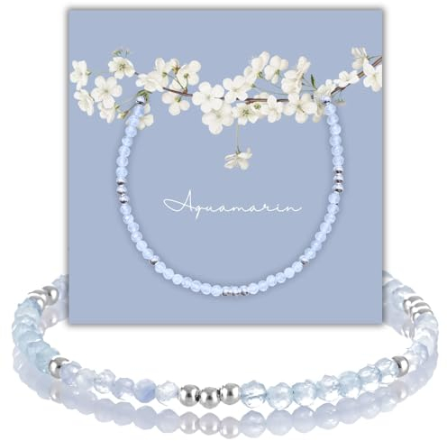 happymaker - Perlenarmband mit echten Aquamarin und Silber Perlen, Heilsteine Armband mit Geschenkverpackung, handmade in Deutschland, Geburtsstein März