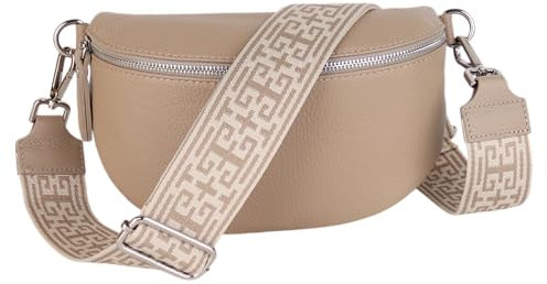 MIRROSI® Bauchtasche Damen, Echtleder, Made in Italy, Umhängetasche, Brusttasche, Crossbody Bag (1 Tasche & 2 Gurte) (Helltaupe (Plus), Große Tasche (28x18x9cm))