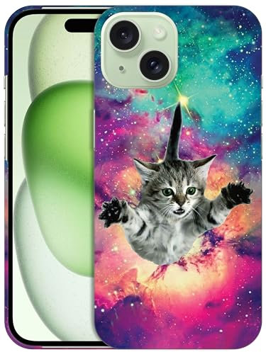 GlamCase for iPhone 15, iPhone 15 Case - Hipster Flying Cat Space Galaxy Design Printed Slim & Sleek Cute Plastic Hard Snap on Protective Designer Back Phone Case/Cover for iPhone 15