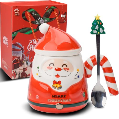 ZONSUSE Taza Papá Noel,Divertida Taza de Café Navideña,Taza Original Feliz Navidad,con Mango de Bastón de Caramelo,y Cuchara de Arbol de Navidad,Regalos Navidad para hombres mujeres 400 ml (A-Rojo)