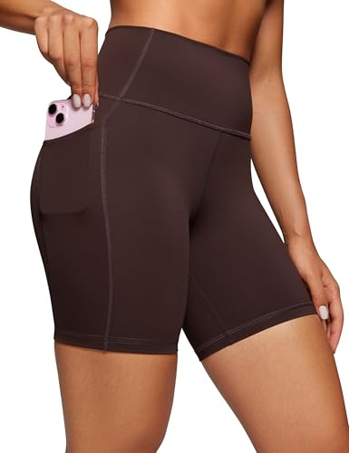 CRZ YOGA Women's Naked Feeling 6'' Yoga Shorts with Pockets - High Waisted Gym Cycling Fitness Shorts Hot Fudge Brown 12