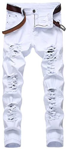 COOSVEN Men Ripped Jeans, Slim Fit Straight Leg, Denim Pants with Holes, White - Stretch, 48