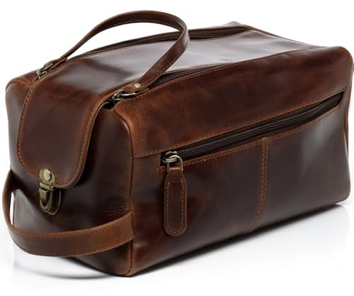 FERGÉ Grande trousse de toilette en cuir véritable pour homme et femme - Bristol XL - Trousse de toilette en cuir - Pour homme et femme - Marron - Fait main