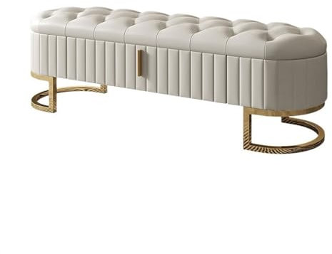 Luxuriöse weiße Leder-Schlafzimmerbank mit Schublade, 1,3 m, stilvolle Schlafcouch-Bank für Schuhe, Schachzimmer, Premium-Qualität