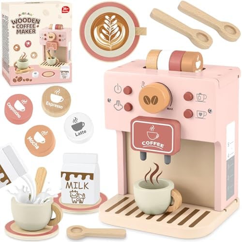 Airlab Caffettiera in Legno per Bambini, Cucina Giocattolo da Torta Dessert Educativi Montessori, Gioco di Ruolo in Panificio, Regalo Compleanno Pasqua Halloween Natale per Ragazzi Ragazze 3 4 5+ Anni