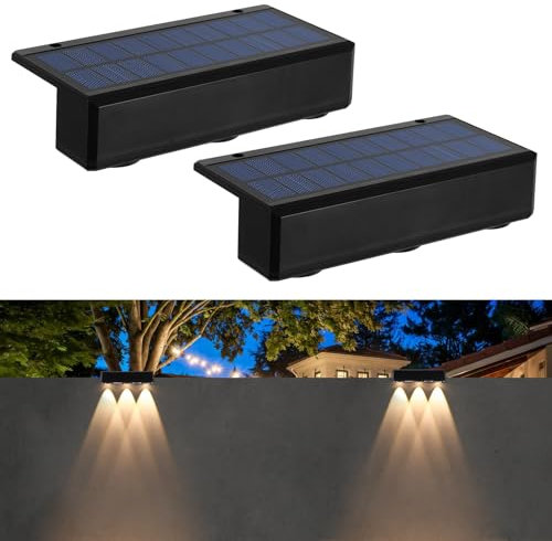 Solar Zaunleuchten für Garten im Freien, 2 Pack 3 LED Solar Wandleuchten Wasserdichte Solar Treppenleuchten Solarbetriebene Stufenleuchten für Außenbereich Garten Hof Treppe Terrasse Deck (Warmweiß)