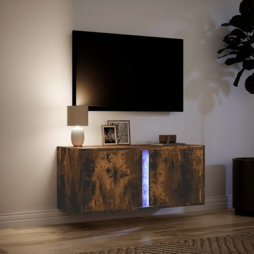 Canditree 80 cm Floating TV Cabinet with LED Lights, Floating TV Stand with 2 Doors, Floating TV Shelf Wall Mounted Entertainment Center (Smoked Oak)