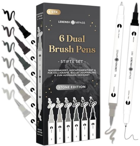 LEBENSKOMPASS Brush Pen Set Stone - 6 Pinselstifte in Schwarz- und Grautönen Brushpens für Handlettering, Ausmalen & Bullet Journal - Dual Tip Stifte mit feiner & flexibler Spitze