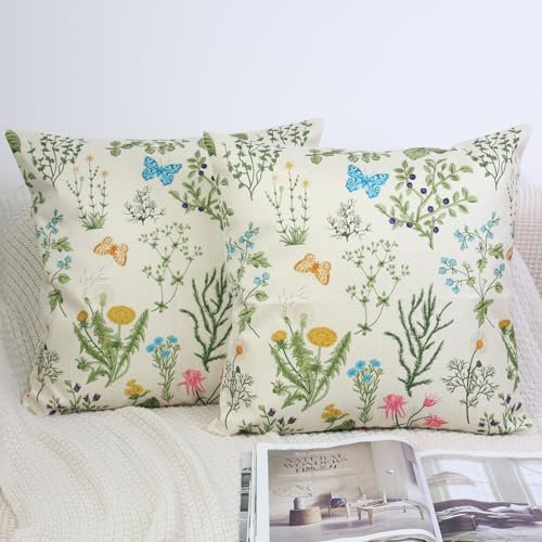 OYIMUA 2er Set Kissenbezug 50x50 Leinen Florales Dekokissen Quadratisch Sofakissen Grün Kissen Outdoor Garten Kissenbezüge