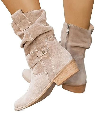 EQWIGKEIT Stivaletti da donna, comodi, da cowboy alla caviglia, a mezza altezza, eleganti, vintage, con tacco in pelle scamosciata
