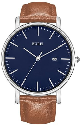 BUREI Herren Uhren Ultra Dünne Schwarze Minimalistische Quartz mit Datumsanzeige (Silber)