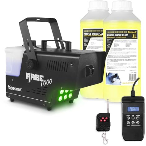 BeamZ RAGE1000LED Nebelmaschine mit Flüssigkeit, 1000 Watt Fogger inkl. 2L Nebelfluid, DMX Rauchmaschine mit Lichteffekt, Intervall Timer Fog Machine, Funkfernbedienung, 2 Liter Tank, Partyrauch