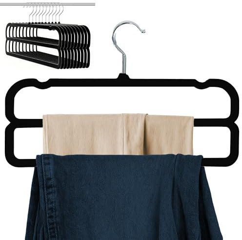 HGYZE Perchas para Pantalones Doble Capa, 10 Perchas de Terciopelo Negro | Cuenta con gancho giratorio 360°, compacto y ahorra espacio, apto para vaqueros, shorts y ropa informal en el armario