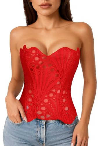 WERFORU Lacework Corset Top for Women Sexy Textured Sheer Floral Lace Bustier Cincher Lace-up Corset Halloween Overbust Top