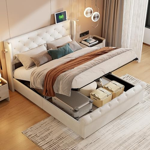 OLIVIBED Polsterbett Doppelbett 160x200 cm, Stauraumbett mit Kopfteil, Hydraulisch Jugendbett mit Samt-Bettgestell, Gepolstert Bett für Jugendliche, Samt, Ohne Matratze, Beige
