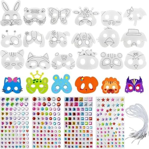 ASOUUNLD Tiermasken zum Bemalen 24 Stück DIY Set mit Zubehör | Papiermasken mit Bändern, Farbstiften und Glitzerstickern für Mottoparty, Theater, Karneval und kreative Bastelideen