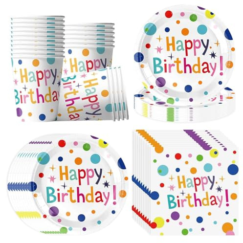 Groß Bunte Punkte Geburtstag Partygeschirr für 20 Gäste, 60 Stück Happy Birthday Partyteller Party Geschirr Set, Beinhaltet Teller, Servietten und Pappbecher, Pappteller Kindergeburtstag
