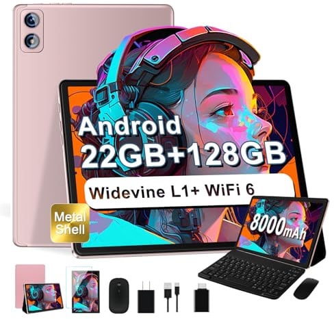 Dghrti Tablet 10 Zoll Android, 8000mAh, 128GB ROM, Tablet mit Tastatur-Gold | 22GB RAM (6GB+16GB), Octa-Core, TF 2TB, BT 5.0, Dual WLAN, GPS, Face ID, Widevine L1, Augenschutz, Maus & Hülle inkl.