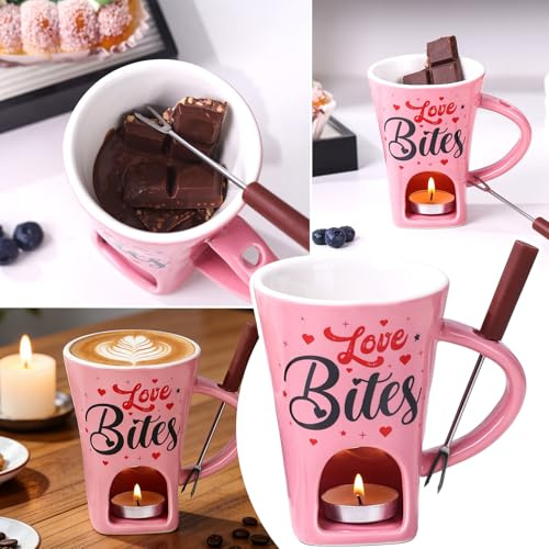 Keramik Schokofondue Tasse Set, 200ml Schoko Fondue Cup, Rosa Schokofondue Tasse mit Gabel und Teelicht, Valentinstag Schokoladenfondue Becher für Käse Schokolade Butter Karamell, Dateabend Hochzeit