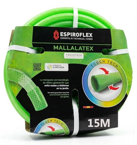 ESPIROFLEX Manguera de Jardín 15 Metros de PVC Plastificado 5/8 para Riegos Domésticos y Uso Alimentario | Manguera de Agua Flexible Reforzada con Malla de Poliéster | Modelo Mallalatex