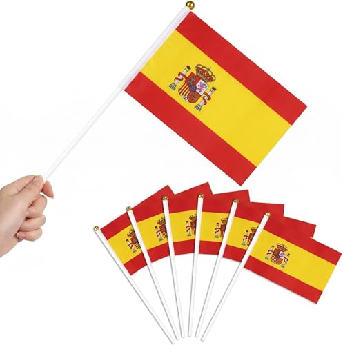 Lot de 20 Mini Drapeaux Espagnols avec Hampe 30cm - Petit Drapeau Espagne 14x21cm en Polyester pour Supporter Foot, Coupe du Monde, Fêtes Nationales et Événements Sportifs