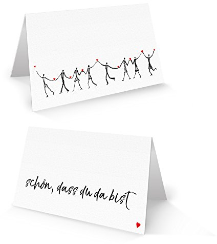 Logbuch-Verlag 100 weiß schwarze Tischkarten SCHÖN DASS DU DA BIST Herzmensch Sitzkarten Hochzeit Deko Namensschilder rot Herz