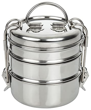 Utopia Stainless Steel Presentation Pans, Pails & Casseroles, F91133-000000-B01006, 3 Tier Tiffin Box 4.25 (11cm) H: 7.5 (19cm) (Box of 6)