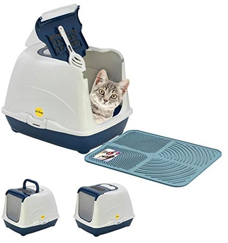 CAT CENTRE Blue Hooded Flip Cat Litter Tray + Blue Tray Mat + Filter & Scoop Box Kitten Box Toilet Extra Deep Anti-Spillage Easy Cleaning Access Durable Premium Quality Flap Door Enclosed Entrance
