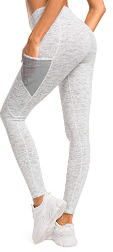 QUEENIEKE Damen Yoga Leggings Power Flex Mesh Mittlere Taille 3 Handytasche Gym Laufhose Farbe Weiß Space Dye Größe M(8/10