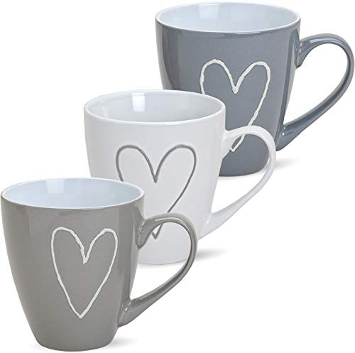 Jumbo Kaffeetassen 3er Set Landhausstil Herz weiß, grau, beige - Große 400ml XXL Tassen aus Keramik für Tee, Kaffee, Cappuccino - Schönes Geschenk Tassenset spülmaschinenfest und mikrowellengeeignet